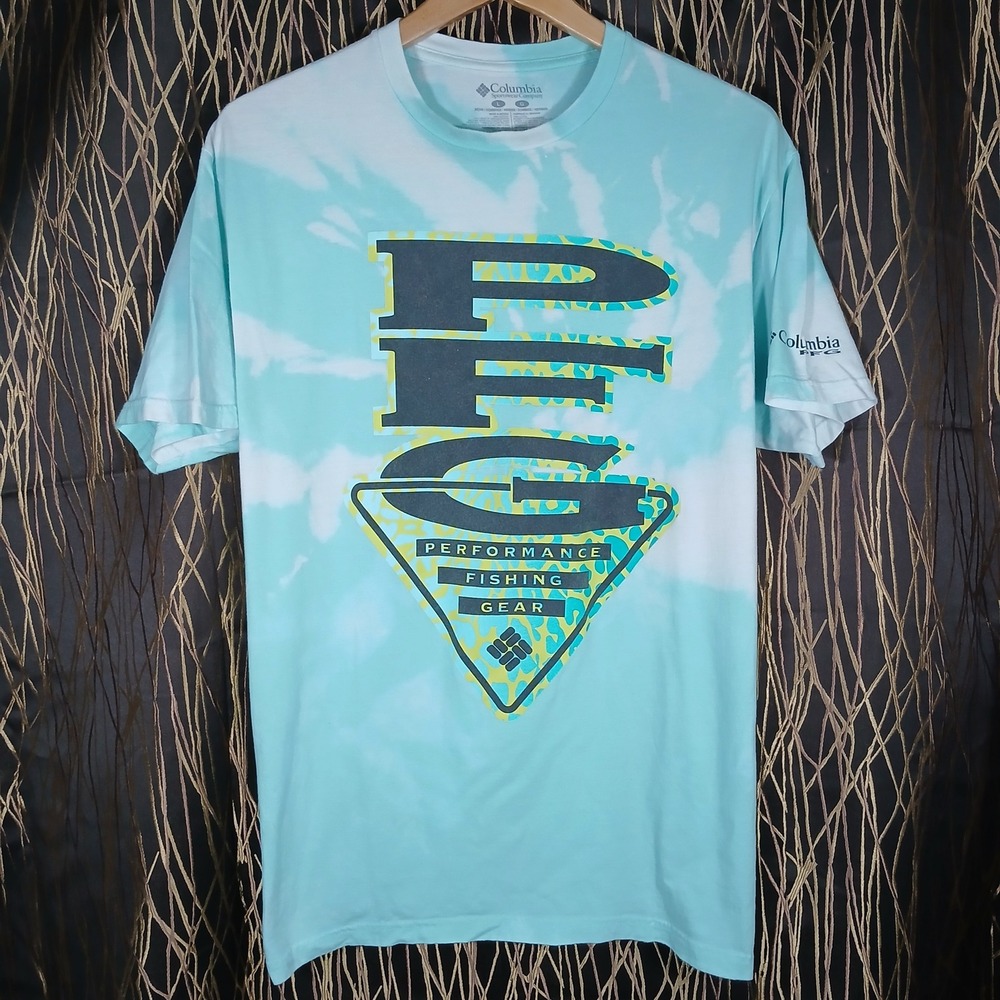 Columbia PFG T-Shirt Mens L Blue Tie Dye Performance Fishing Gear Graphic Tee‎